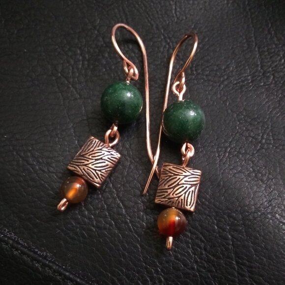 Autumn Alchemy: Copper & Forest Green Dangle Earrings with Russet Agate Warmth - Picture 1 of 6